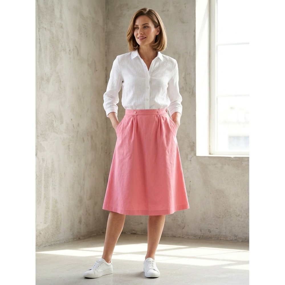 Vintage Sears Pink A-Line Midi Skirt High Waist Pleated Cotton Blend 14 Petite